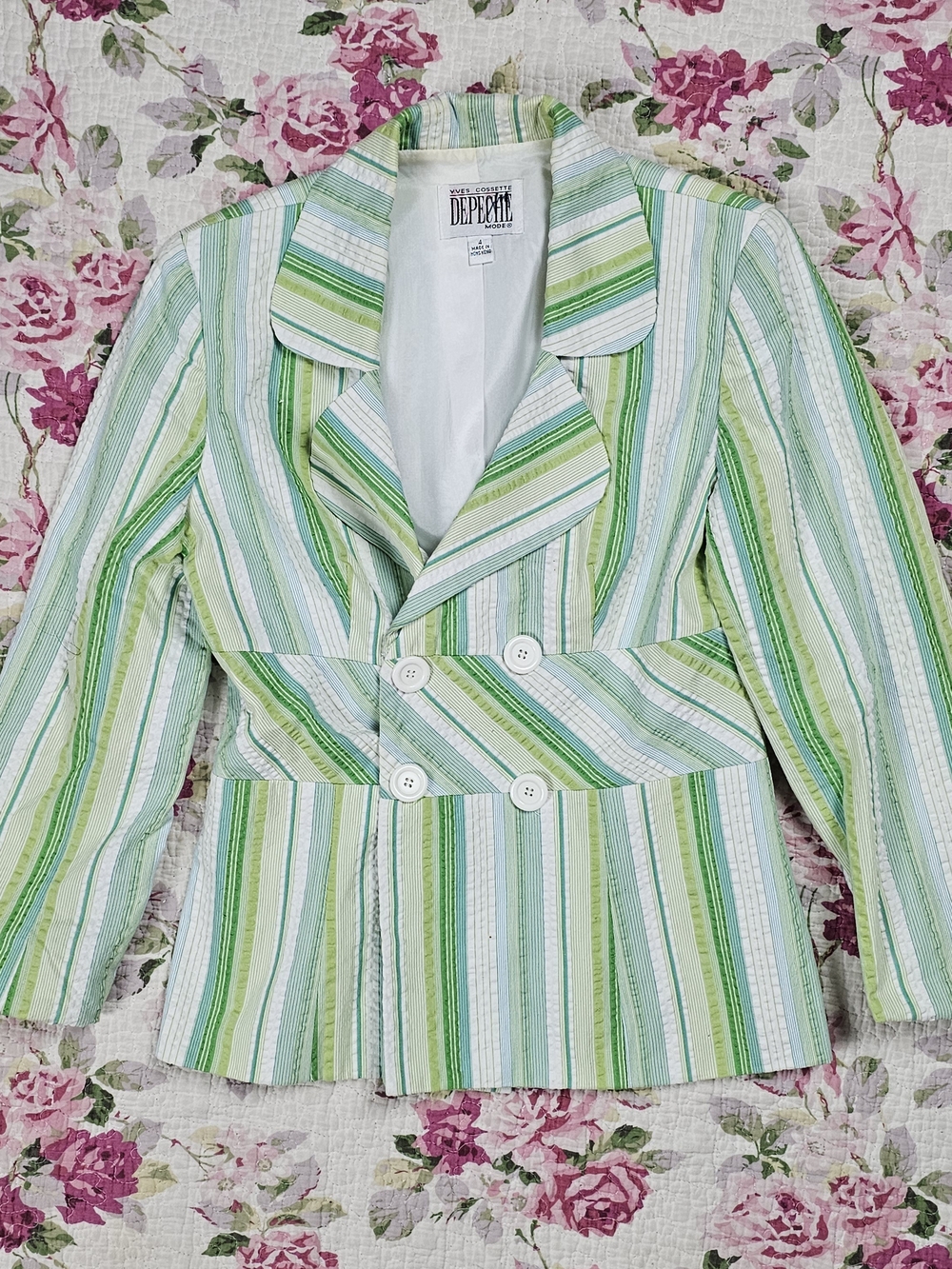 Vintage Yves Cossette Depeche Mode Women's Green/White Stripe Collared Jacket 4